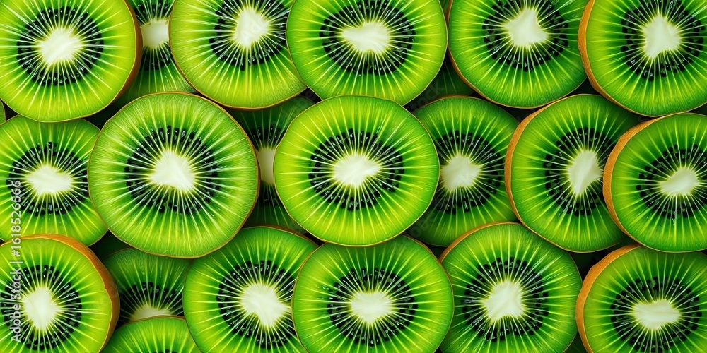 Vibrant green kiwi slices arranged in a juicy, repeating pattern, food, digital Vibrant green kiwi slices arranged in a juicy, repeating pattern, food, digital