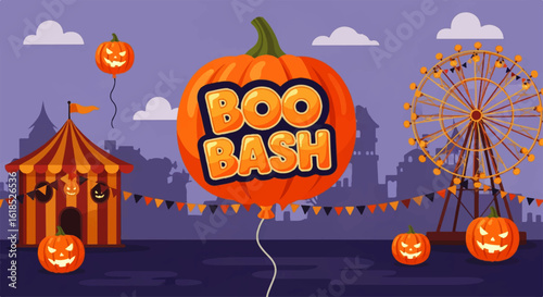 Halloween Boo Bash Pumpkin Balloon with Carved Face and Text.