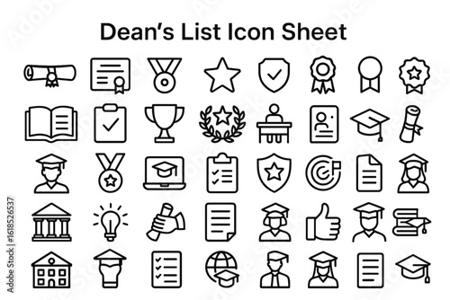 Dean's List Icon Sheet: A comprehensive collection of simple, monochromatic icons related to academic achievements, including diplomas, awards, and educational milestones.