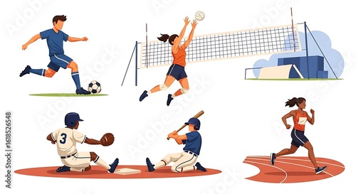 Isolated Cartoon Vector Illustrations of College Athletics and Sports Activities on Campus Grounds