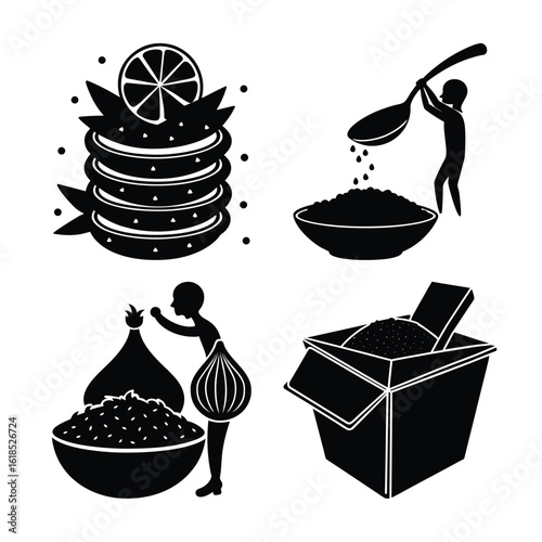 Vector art of black and white illustrations of food preparation and ingredients