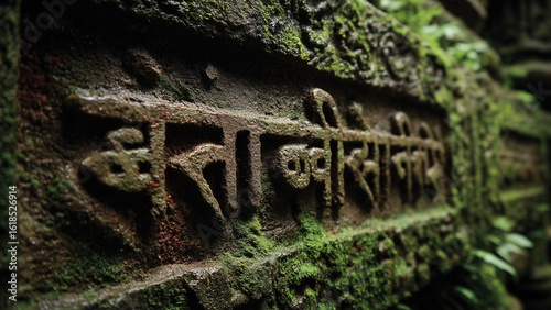 Close-up of ancient Sanskrit inscriptions carved into a weathered temple wall. Moss grows in crevices as side lighting highlights the sacred script, evoking a historical and spiritual atmosphere.