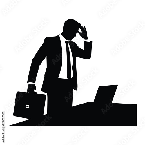 Silhouette of a businessman holding a briefcase looking confused at a laptop