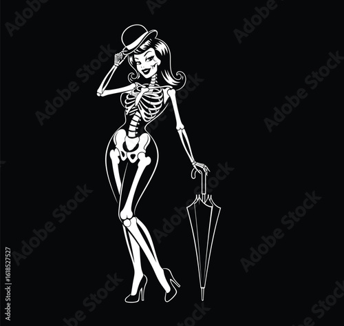 Skeleton pin-up girl vector illustration. Gothic vintage woman with bowler hat and umbrella. Halloween or Day of the Dead character for tattoo design