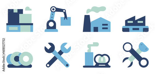 Manufacturing icon vector set with factory buildings, automated production lines, machines, and industrial equipment elements

