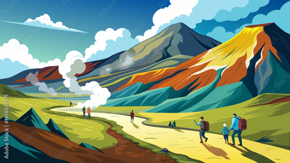 Obraz premium Vector art of a group of friends enjoys a hike on a sunny day through a vibrant landscape towards a smoking volcano