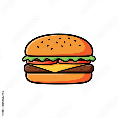 Cartoon hamburger with sesame seeds on bun and cheese cheeseburger fast food