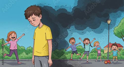 Metaphorical illustration of a lonely child with depression and social anxiety, feeling isolated from a group of happy friends.