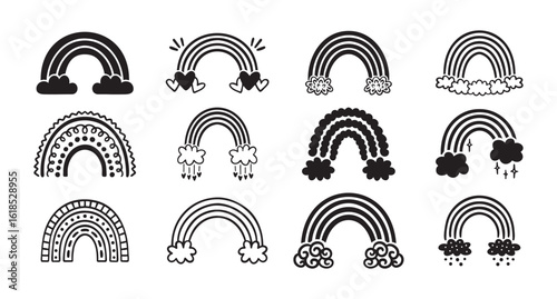monochrome rainbow icon black set, flat cartoon hand drawn cute rainbow style. Rainbows with clouds hand drawn elements collection.