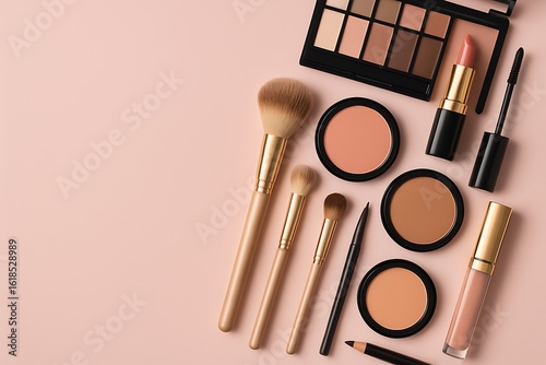 Modern Flat Lay Makeup Illustration Beauty Products on Soft Pink Background for Branding and Promotion