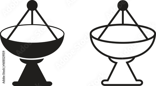 Satellite dish icon set, black vector collection of communication antenna group in flat and line style, radar signal transmitter receiver symbols, wireless broadcast network elements bundle