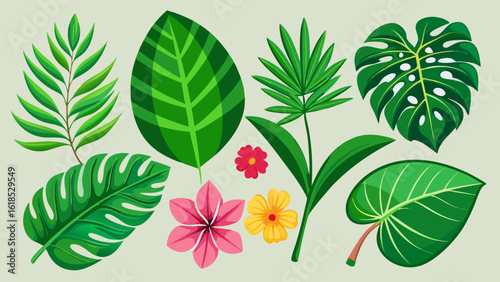 Vector art of a variety of tropical leaves and flowers on a light grey background