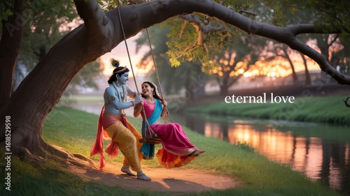 Krishna Janmashtami Celebration Capturing the Divine Love and Joy of Radha and Krishna on a Picturesque Evening