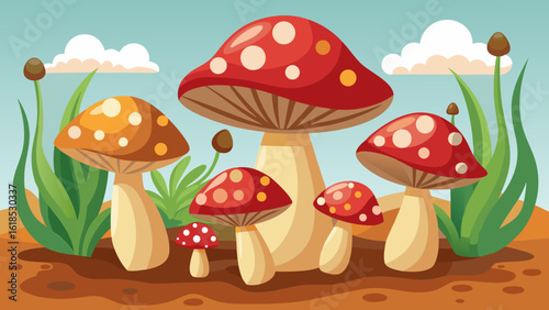 Vector art of a delightful scene featuring several red and orange mushrooms with white spots, set against a backdrop of grass and clouds