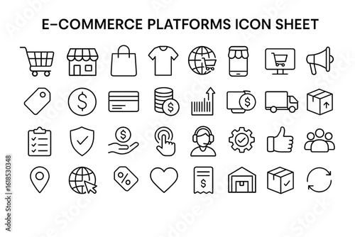 E-commerce Icons: A comprehensive collection of minimalist digital icons, perfectly embodying the essence of online commerce and digital business. A visual narrative of the digital marketplace.