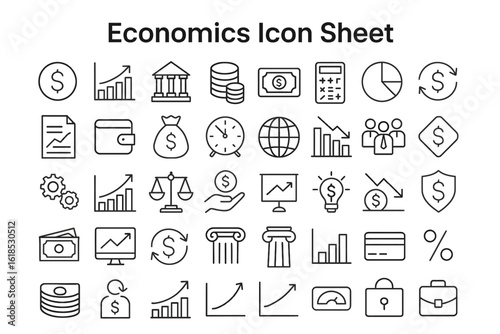 Economics Icon Sheet: A comprehensive economics icon sheet, featuring a diverse range of financial symbols and illustrations representing various aspects of the financial world.