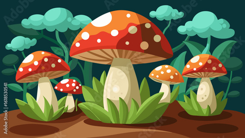 Vector art of a group of red and orange spotted mushrooms, including smaller ones, are surrounded by green grass and stylized clouds