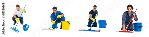 Young male cleaner png set kneeling with mop and bucket

