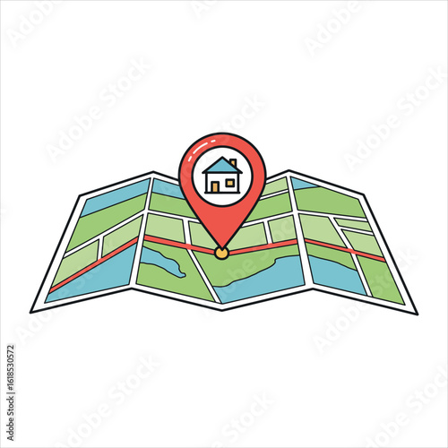 Red map pin with house icon on folded map with green blue and red sections location home Free Download Red map pin with house icon on folded map with green blue and red sections location home - GFXLoad