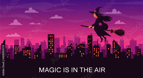 Cartoon witch in black dress and pointed hat flying on a broomstick with flowing dark hair.