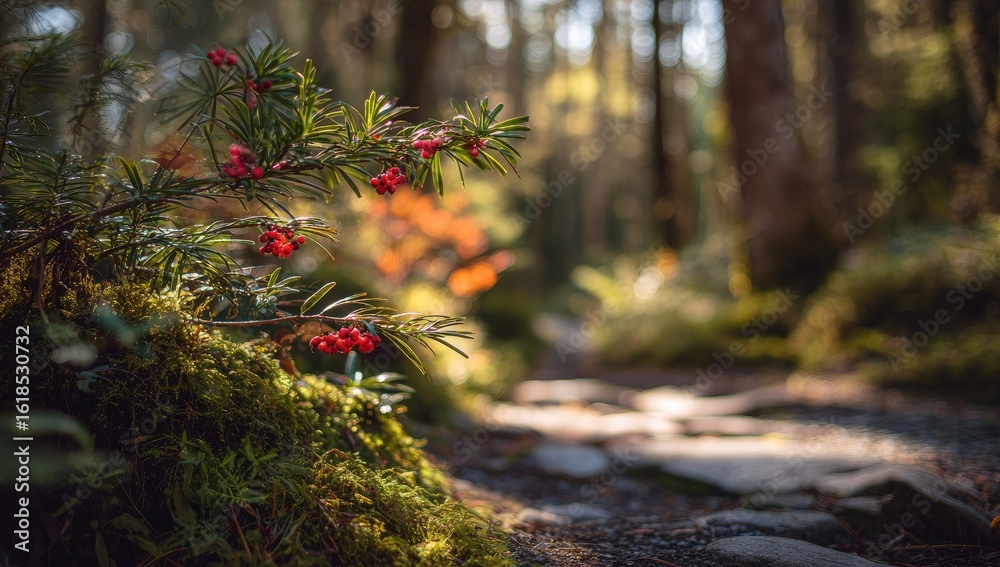 custom made wallpaper toronto digitalRed berries on a mossy forest path. Sunlight filters through trees
