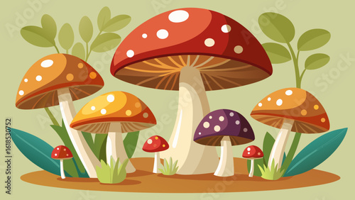 Vector art of a delightful illustration showcasing a variety of colorful mushrooms, including red, orange, and purple spotted varieties