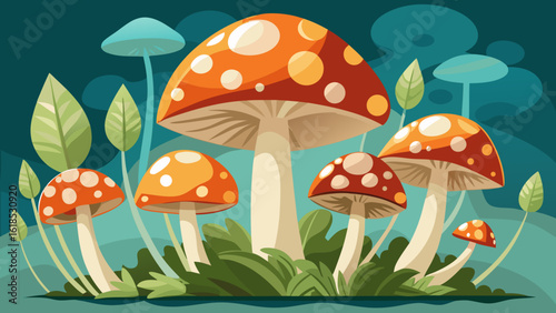 Vector art of an enchanting illustration of red and orange spotted mushrooms surrounded by lush green foliage and soft clouds