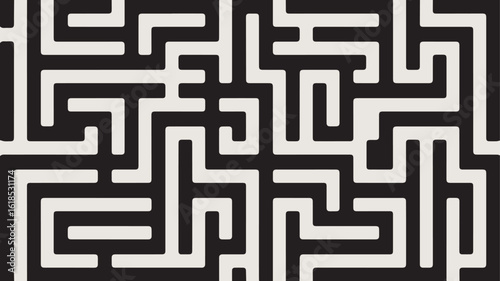 Modern Abstract Maze Design Featuring Thick Lines and Symmetrical Pathways in Black and White