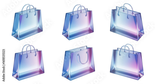 Six glass shopping bags arranged in various angles isolated on white perfect for retail or ecommerce visuals
