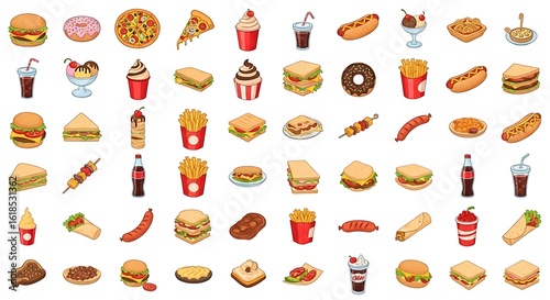 Colorful Vector Icon Set of Fast Food and Beverages Including Burgers, Pizza, Donuts, and More for Menu and Branding Design