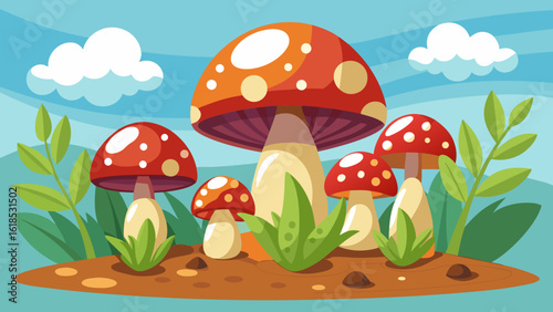 Vector art of a whimsical cartoon illustration of several red and orange mushrooms with white dots, surrounded by green plants under a blue sky with clouds