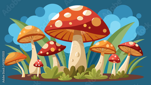 Vector art of an enchanting illustration showcasing a collection of colorful, spotted mushrooms in a magical forest