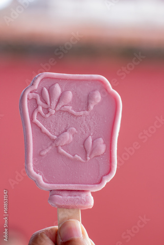 Premium gourmet popsicle with traditional lattice and flower design, held in hand, ideal for summer marketing and packaging design.