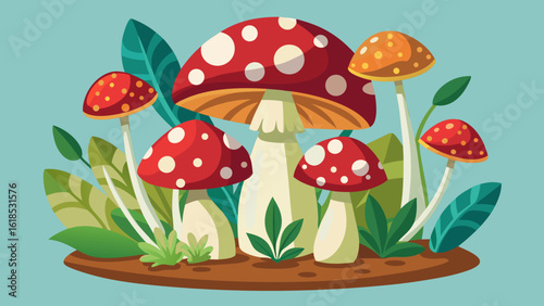 Vector art of a whimsical cartoon illustration of several red and orange mushrooms with white dots, surrounded by green leaves and plants against a teal background