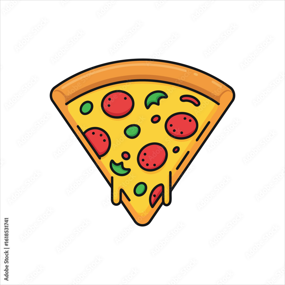 Slice of pepperoni and green pepper pizza with dripping cheese illustration vector Slice of pepperoni and green pepper pizza with dripping cheese illustration vector