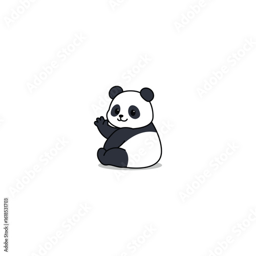 Cute panda sitting with its back turned and waving paw, vector illustration