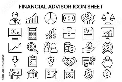 Financial Advisor Icon Set: A comprehensive collection of meticulously designed icons, symbolizing various aspects of financial advising. Suitable for use in presentations, websites.