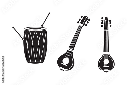 Black and white musical instruments drum lute and oud silhouettes