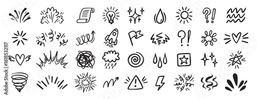 Comic effect icon set, manga doodle elements collection. Retro anime movement, exclamation and emphasis expressions. Doodle emotion of character in comic style