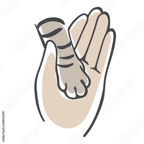 Vector illustration of a human hand gently holding a cat’s striped paw. Symbol of love, trust, care, and the emotional bond between pets and their owners. Clean, minimal line style.