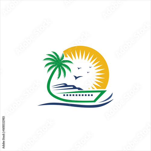 Travel agency logo with ship sea and plam tree