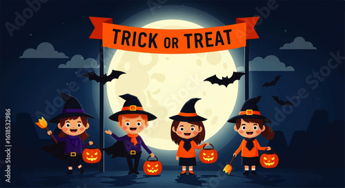 Four cute cartoon children in witch and wizard costumes holding jack-o-lantern baskets and a broom ready for Halloween.