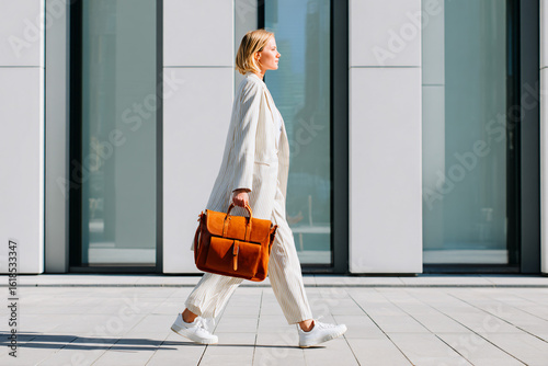 young professional woman walking purposefully through business district carrying leather briefcase