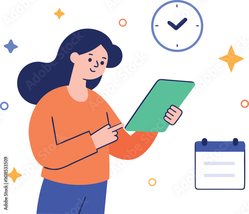 Female Character Checking Checklist On Tablet
