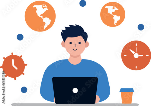 Freelancer Managing Time Zones On Laptop With Clock