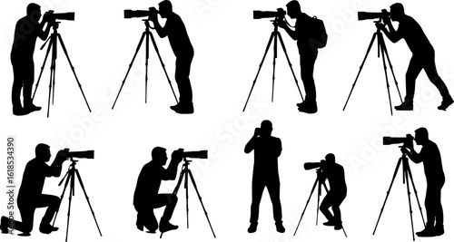 Silhouettes of photographers in various poses with professional cameras and tripods