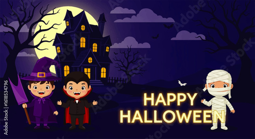 Adorable cartoon children dressed as witch vampire and mummy for Halloween.