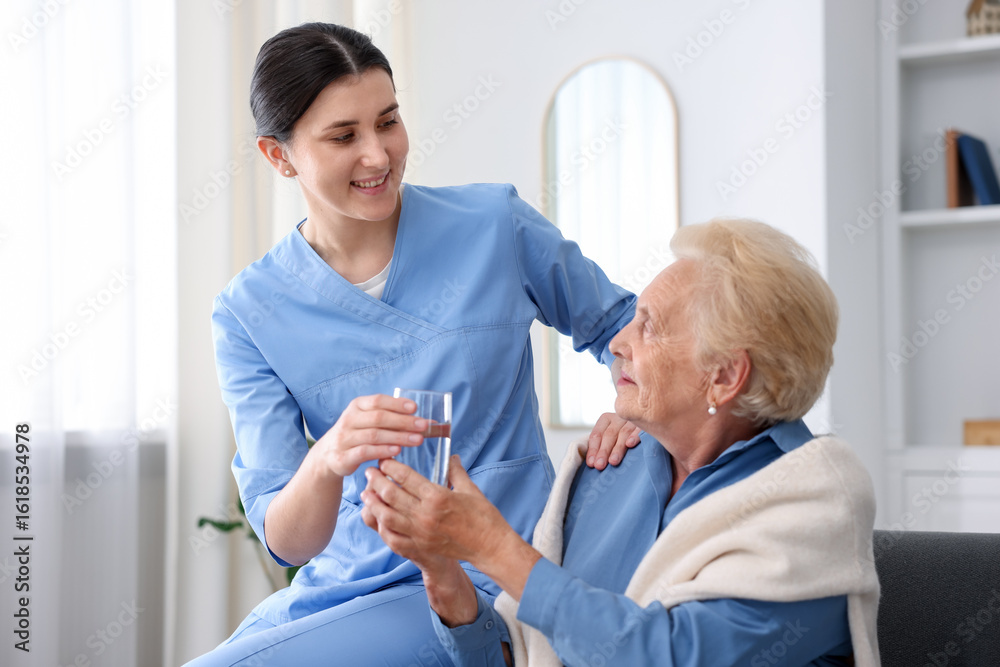 Fototapeta premium Nurse giving glass of water to senior woman indoors. Home health care service