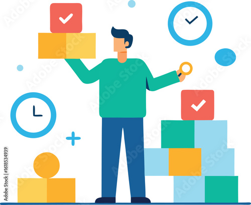 Man Building Time Strategy Using Blocks With Clock