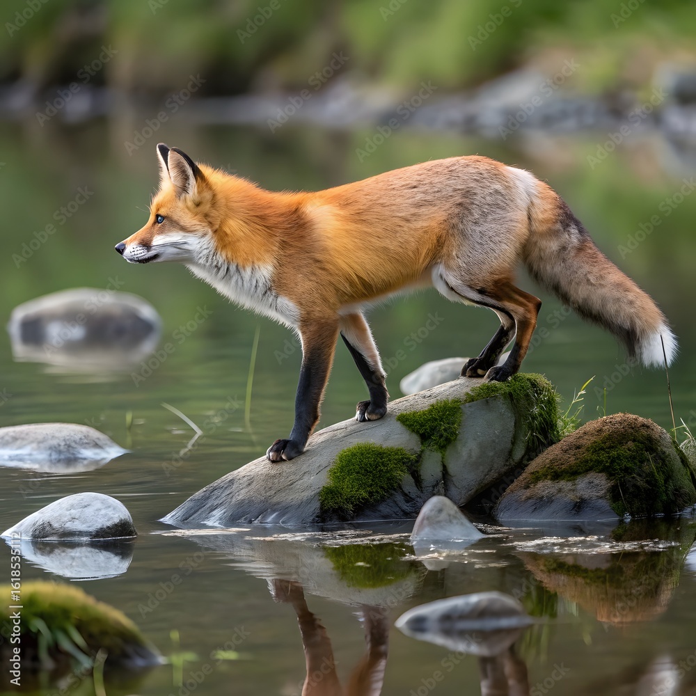 Fototapeta premium Beautiful red fox standing on a few stones over the water surface. Very focused on its prey. Pure natural wildlife photo. Ready to hunt.
